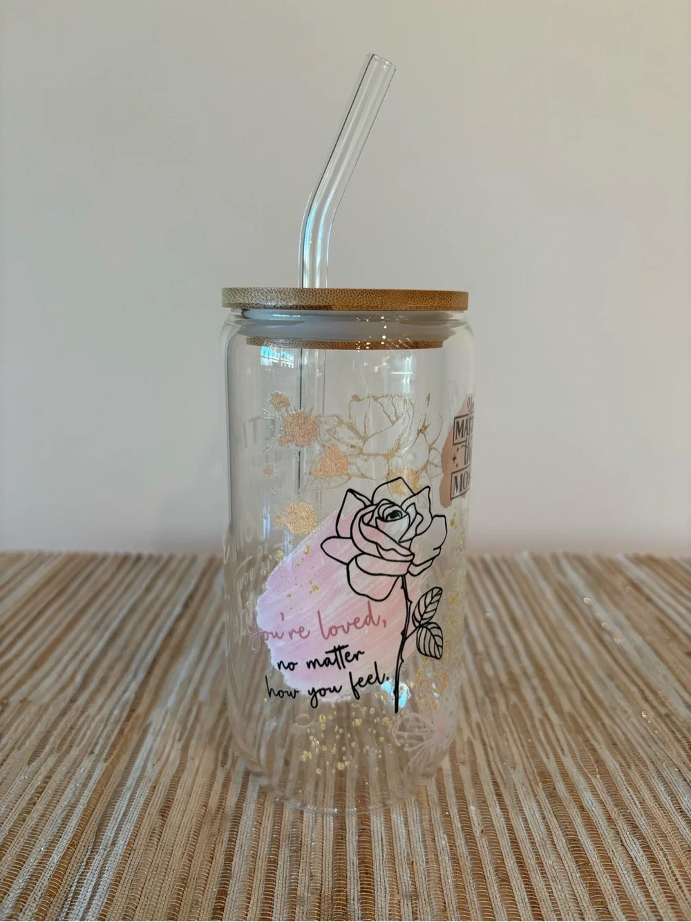 Positive Affirmations Clear Glass Tumbler with Bamboo Lid and Straw